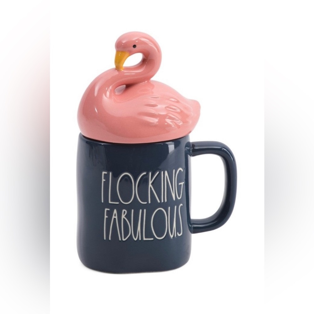RAE DUNN Navy Flocking Fabulous coffee mug with FLAMINGO topper